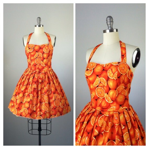 Orange Fruit Novelty Print Dress / 80s does 50s Halter Cotton