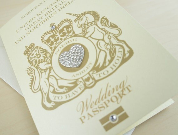 Wedding Invitation Heart Embellishments Inspiring Sparkly Passport Wedding Invitation With Heart Diamante On Embellishments