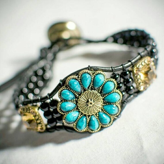 Turquoise Flower Leather Wrap Bracelet Boho Jewelry