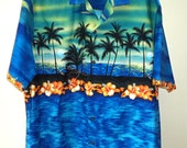 HAWAII Made Men's Shirt Size XL All Cotton MADE in HAWAIi "Winnie Fashion" Hawaiian Tropical Palm Blue Green Black Orange Boat Beach Ex Cond HAWAII Made Men's Shirt Size XL All Cotton MADE in HAWAIi "Winnie Fashion" Hawaiian Tropical Palm Blue Green Black Orange Boat Beach Ex Cond