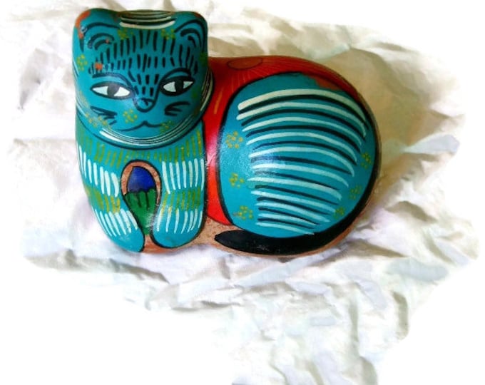 Southwestern Cat Resting, Red Clay Painted Turquoise, back tells Story Hispanic Life, Colorful Folk Art Piece, Cinco de Mayo Gift, turquoise