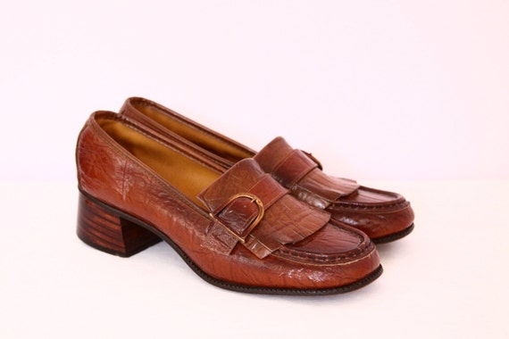 1950s Leather Penny Loafers 60s Brown Leather Kiltie Fringe