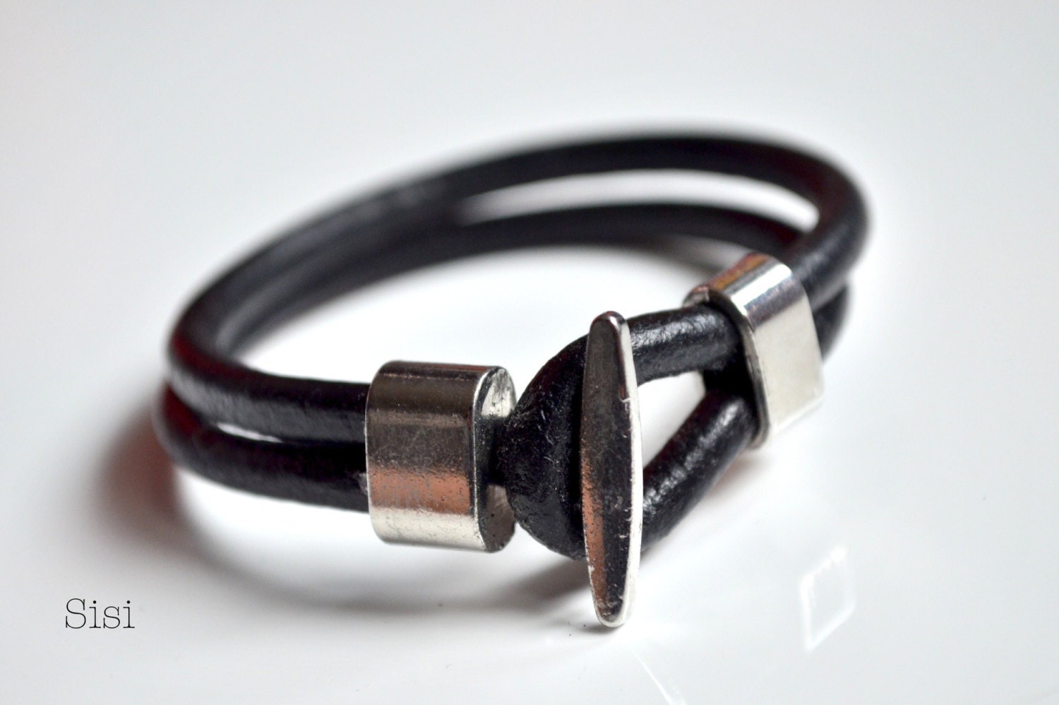 Black leather cord bracelet metal clasp