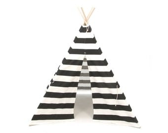 SALE!! Poles Included Teepee Play Tent Black and White Stripe Four Panel