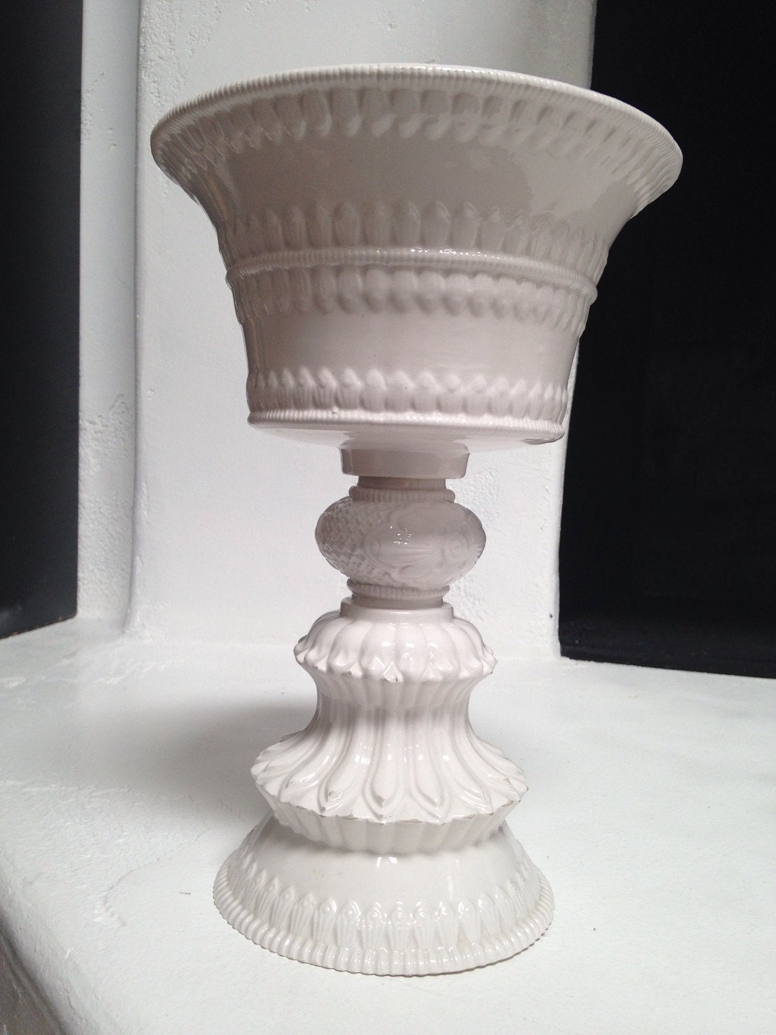 Large Mottahedeh White Ceramic Pedestal Planter Vase Compote