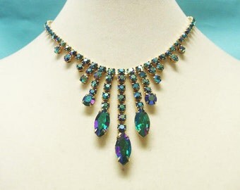 Vintage Rhinestone Waterfall Necklace / Green AB Rhinestone Bib Necklace