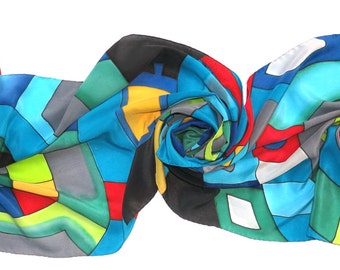 Silver Spiral silk scarf. Hundertwasser scarf Hand painted silk scarf in red green yellow blue painted silk Batik scarf silk painting