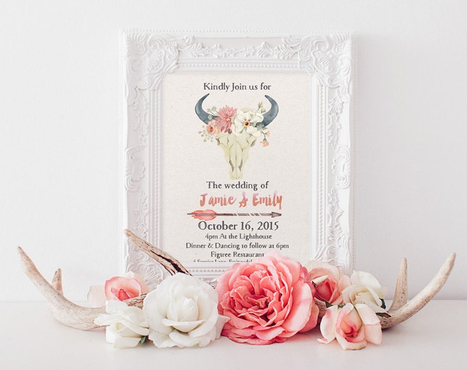 Rustic Boho Invitation // Bohemian Wedding invitation Set // Blush Pink // Printable Files for the DIY Bride// Invite Plus RSVP