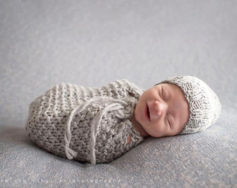 Newborn knit swaddle snuggle me sac set in Roving and beanie hat