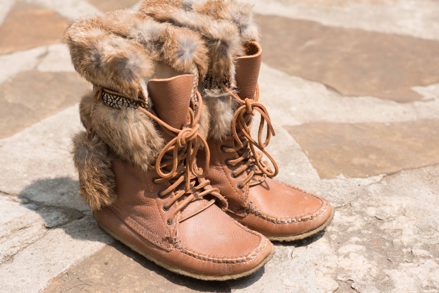 Leather Sheepskin Fur Moccasins Boots Mukluks with Rabbit Fur