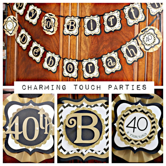 40th Birthday party decor. Black and gold Happy Birthday