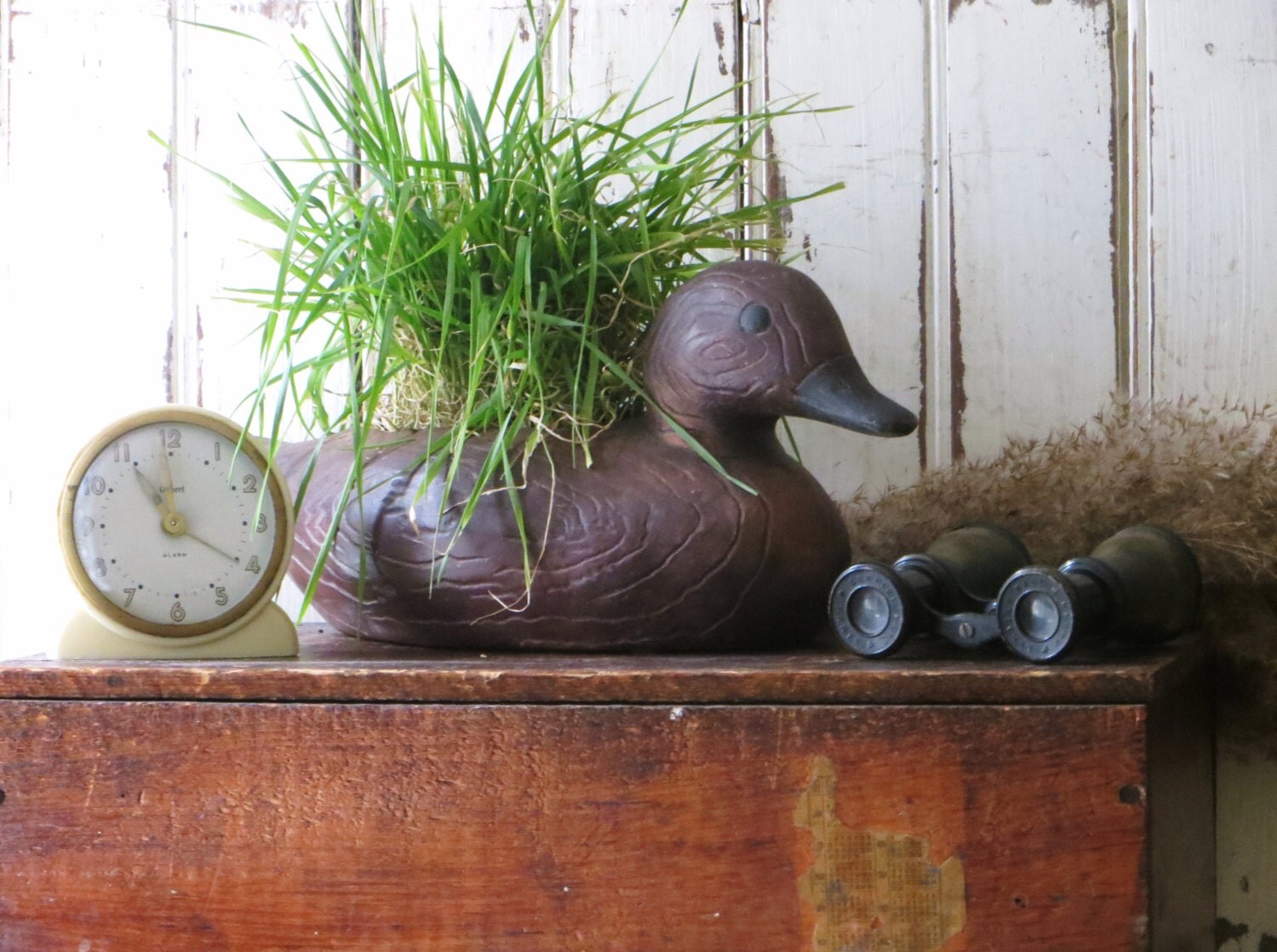 decoy duck planter vintage F.T.D.A. pottery faux wood planter