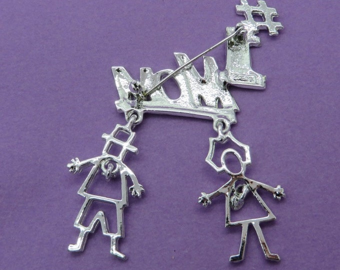 AJC #1 Mom Brooch, Vintage Silver Tone Pin, Dangling Kids Pin