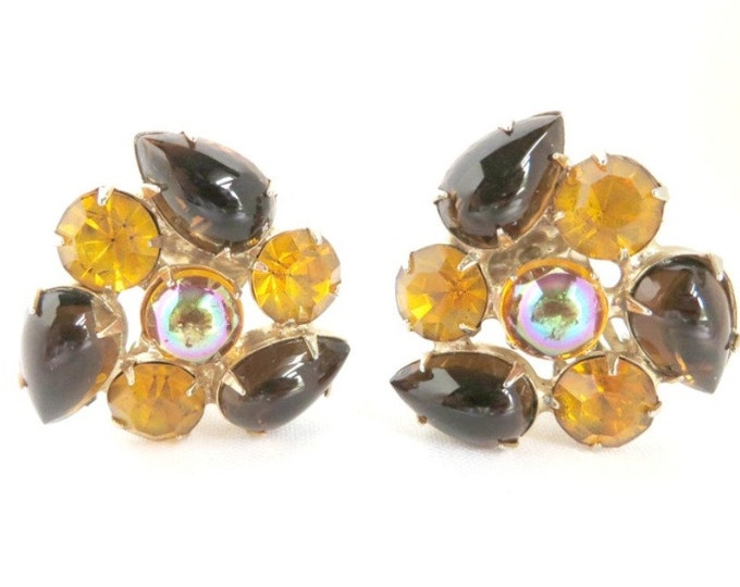 Juliana Amber Earrings, Vintage Rhinestone Amber Brown Gold Tone Clip-on Designer Earrings