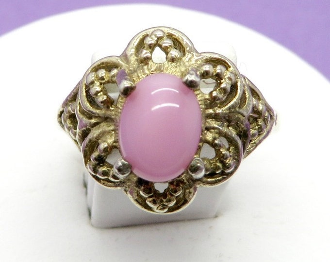 Pink Cats Eye Ring, Vintage Gold Plated Sterling Silver Band, Size 7