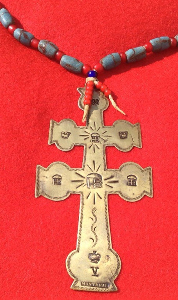 Late 1700s Hudson Bay Trade Bead Necklace with Silver Cross