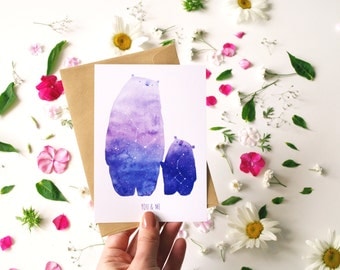 Post card Me and you The great bear The little bear constellation Greeting card Ursa major Ursa minor Note card Cute stationary Cosmic bear