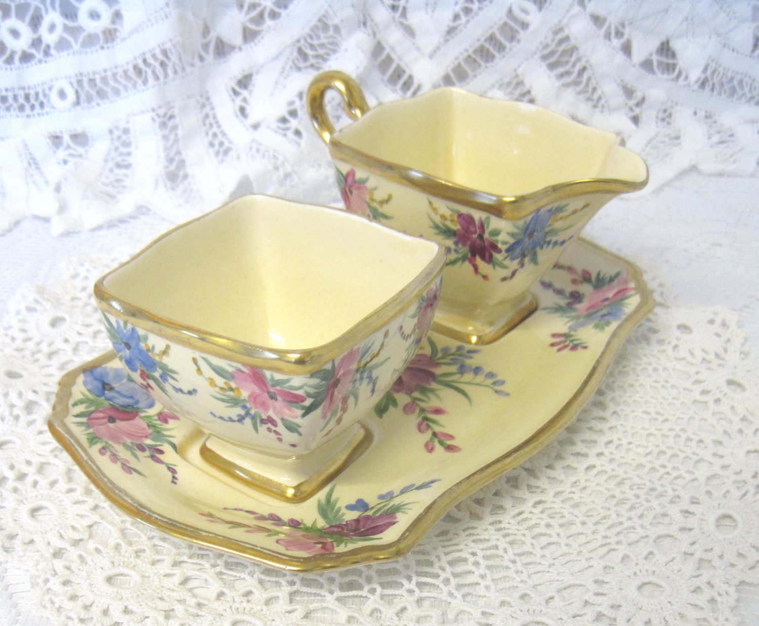 Vintage Art Deco Royal Winton Hand Painted Sugar and Cream Set with