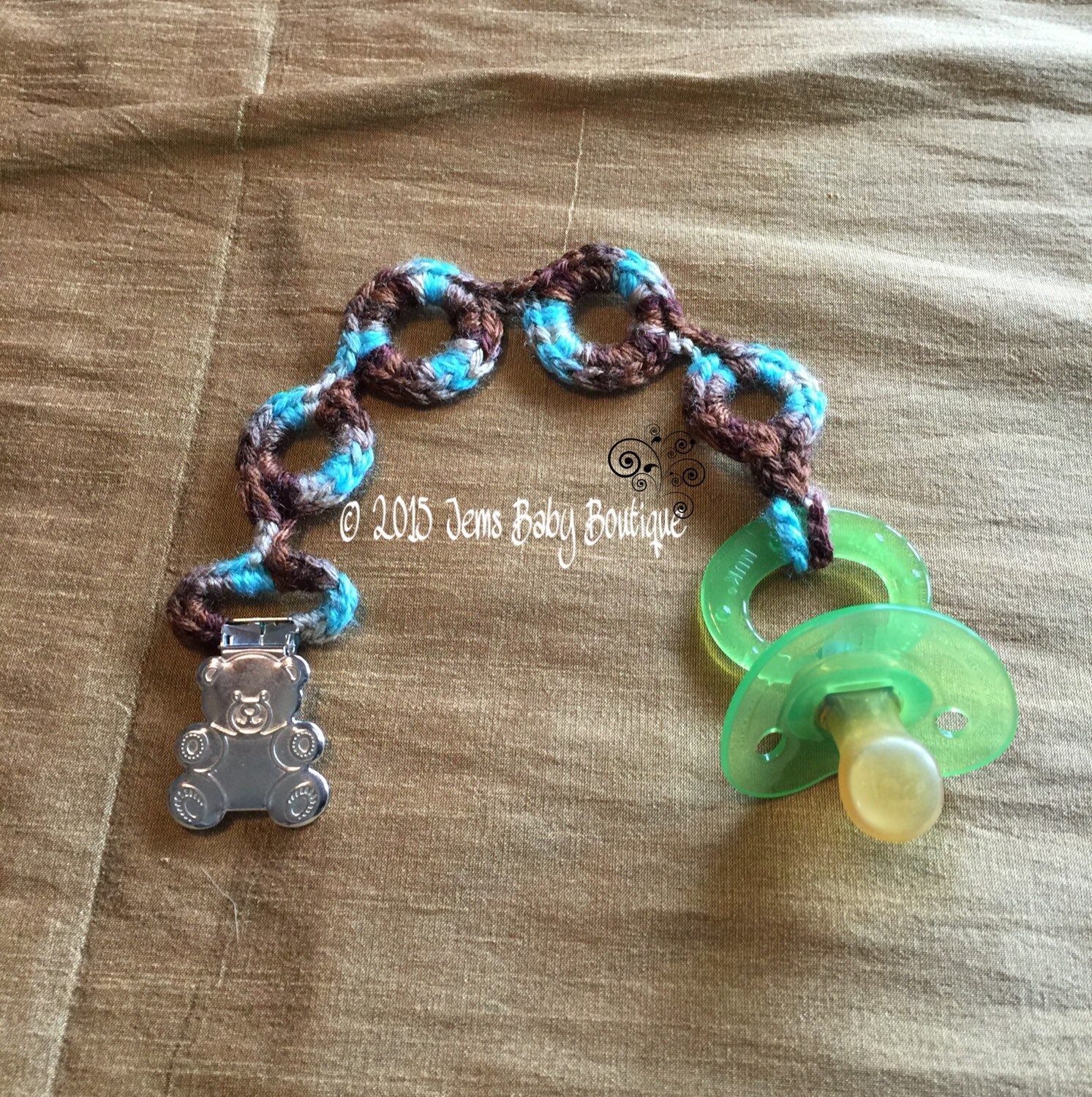 Crochet pacifier holder with bear clasp Ready to Ship Multi