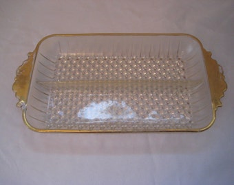 Divided dish, relish tray, pickle tray, serving dish, decorative clear glass with gold handles, shabby chic decor