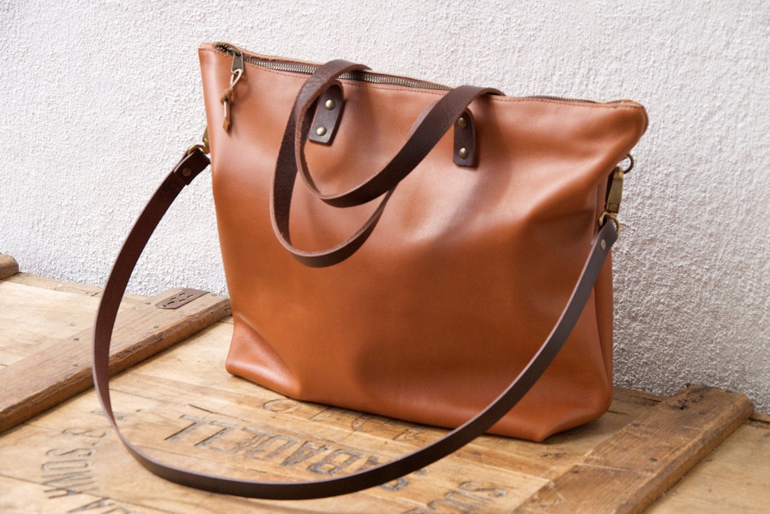 Light Brown Leather bag with zip and crossbody strap. Handmade