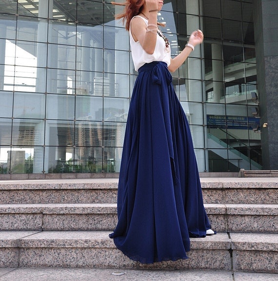 High Waist Maxi Skirt Chiffon Silk Skirts Beautiful Bow Tie