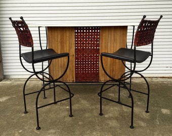 VTG Mid Century Modern Arthur Umanoff Bar & 2 Stools Leather Strap Wrought Iron
