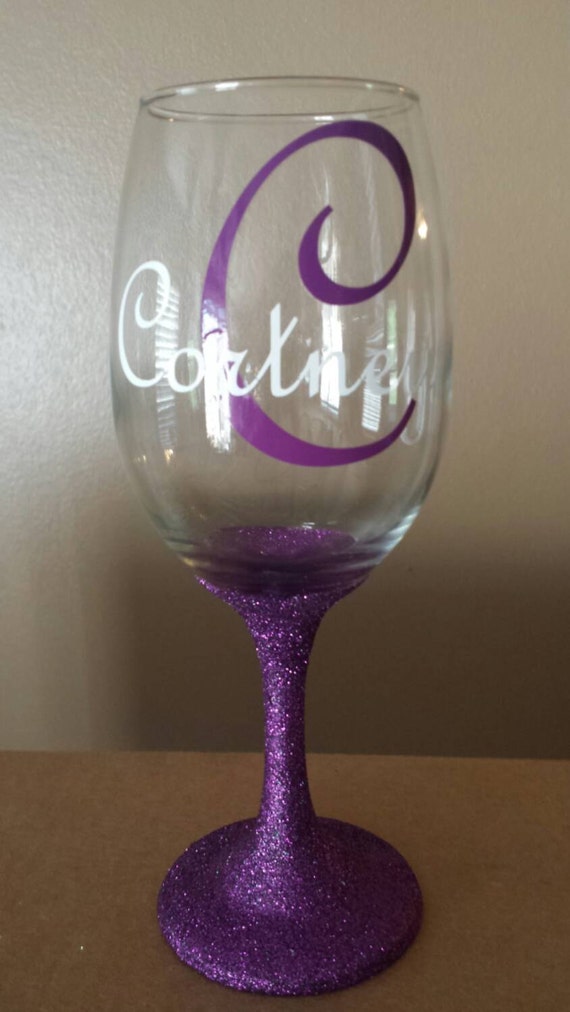 Purple glittered wine glass Wedding Gift Personalized Wine