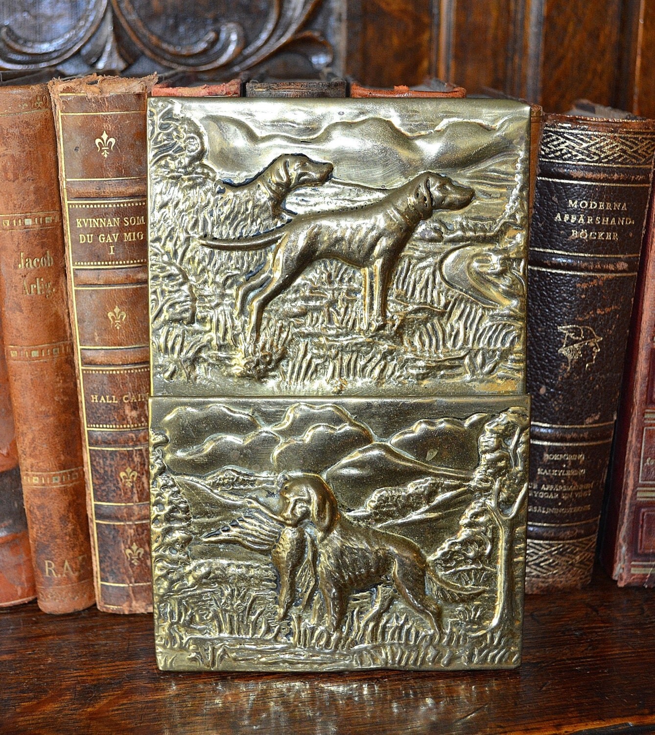Antique English Brass Letter Holder Hanging Rack Hunt Scene