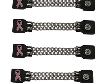 Breast Cancer Awereness Pink Ribbon set of 4 handmade two row chain black leather vest extenders 4" and 6" Handmade USA Biker Motorcycle HD
