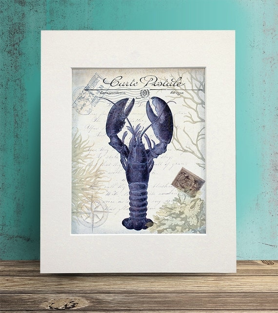 Seaside Postcard Lobster Print on Cream - french décor beach house wall art Coastal Décor beach house décor Nautical Print Nautical décor