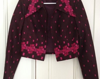 1960's Lerose Burgundy and Pink Geometric Print Cropped Jacket