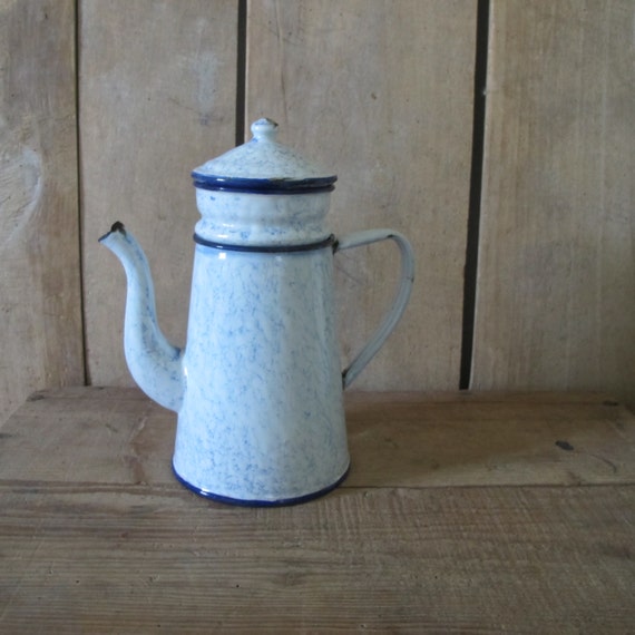 Vintage French enamel blue marble metal Coffee pot Teapot//