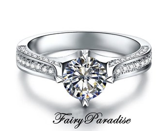 1 Carat Art Deco Engagement Ring, Round Cut Man Made Diamond Promise Rings in Pave band, Free Gift box - made to order (FairyParadise)