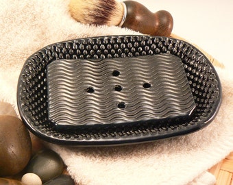 Ceramic Soap Dish with Drain in Black with Hobnail Pattern Handmade