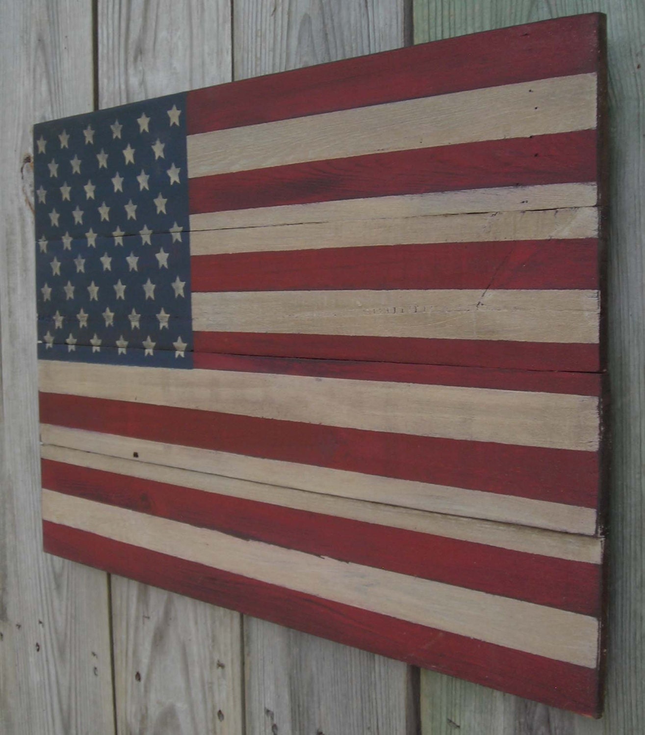 Weathered Aged Wooden American Flag 16 1/2 X 24 inches. Made