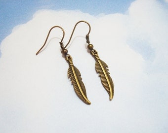 BRONZE FEATHER EARRINGS - feather dangle earrings