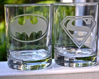 Superhero Etched rocks glass, Superman, Batman, Avengers, Deadpool, Wonderwoman Thor, Punisher, Flash, Green Lantern glasses