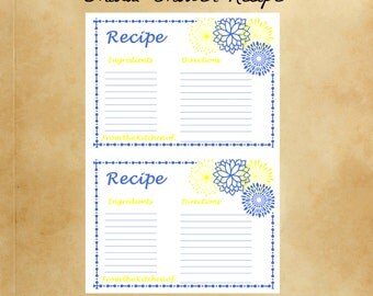Blue & Yellow Bridal Shower Recipe Cards Kitchen Bridal Shower Recipe Cards Flower Bridal shower Recipe Cards Instant Download