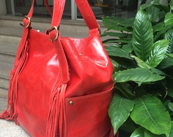 Red leather hobo purse, fringes hobo bag, oversized leather bag
