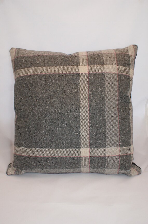 Handmade Grey Tartan Cushion with Pink Accent by FunkyPenguinStore