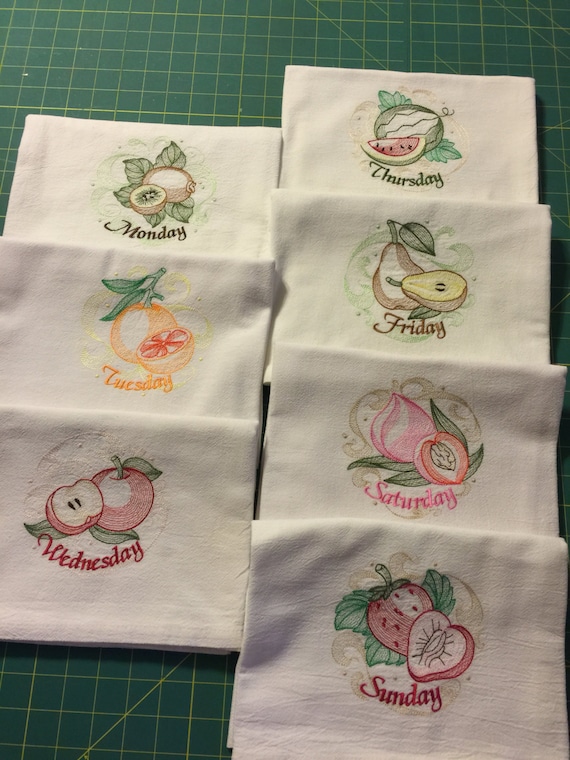 Machine Embroidered Flour Sack Dish Towel Set 7 Towels