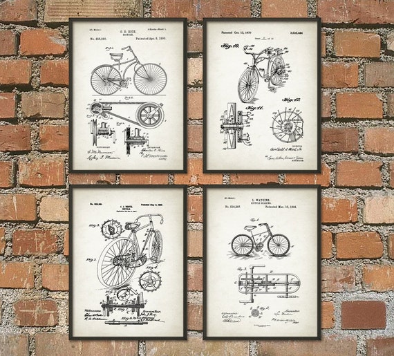Bicycle Patent Prints Set of 4 Bicycle Wall Art by