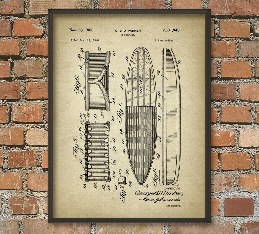 Surfboard Patent Wall Art Poster Surf Blueprint Patent
