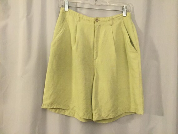 Vintage Shorts Lime Green Linen High Waist Long Bermuda