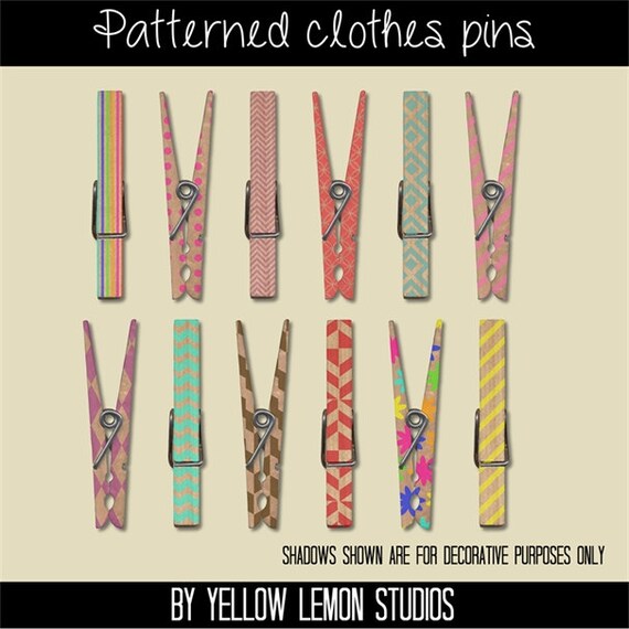 Clothes pin clip art PATTERNED CLOTHSPINS by YellowLemonStudios