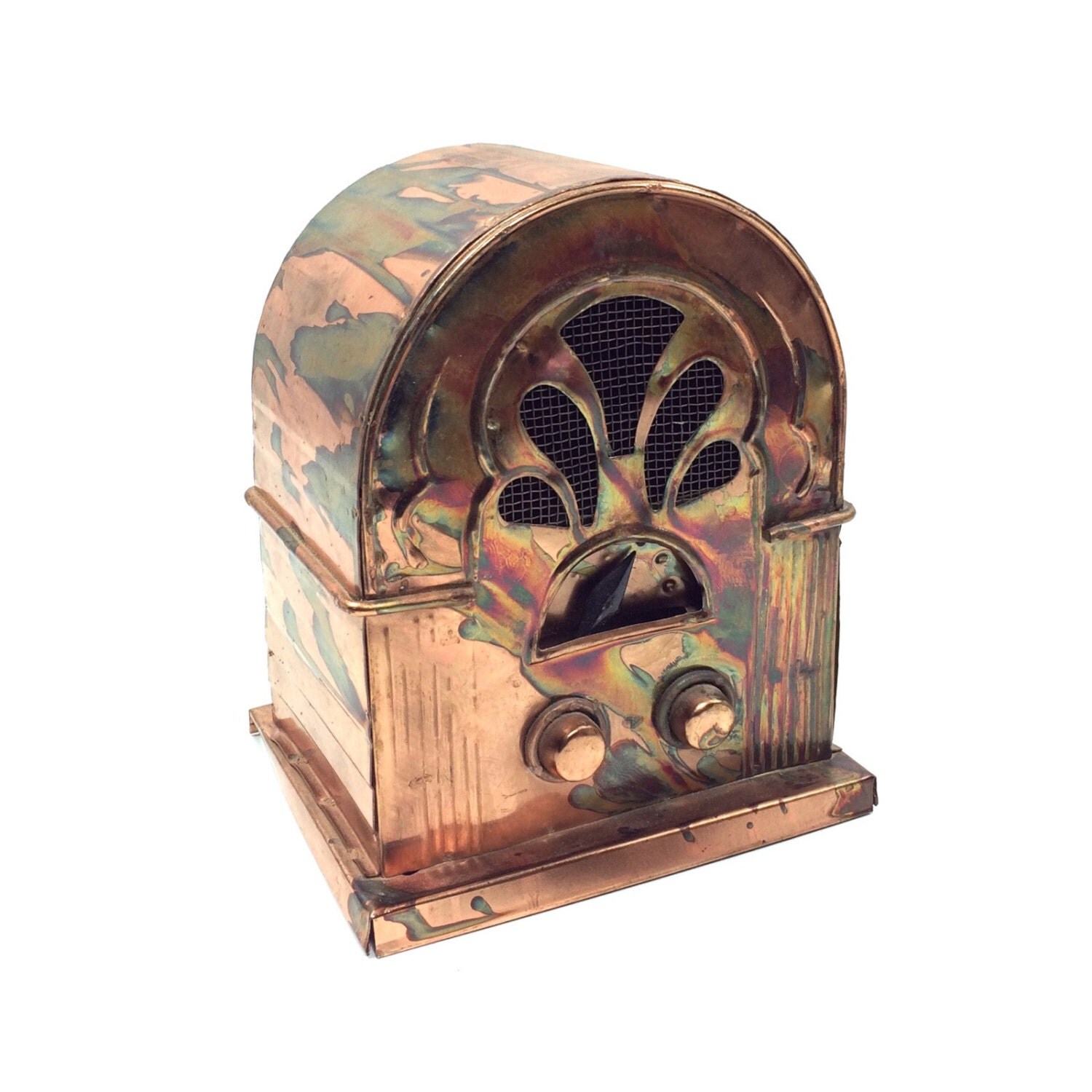 Vintage Antique Style Radio Copper Music Box Plays Memory