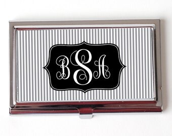 Monogram Business Card Case - Stripe Monogram Business Card Holder - Black Gray Silver Business Card Case