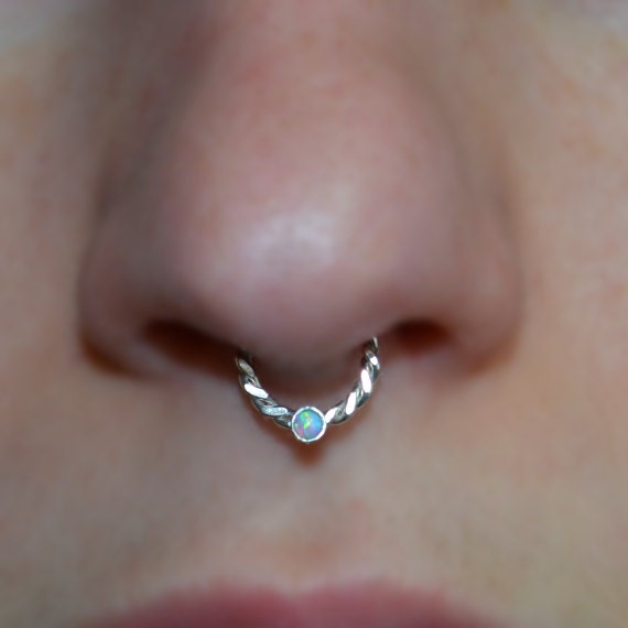 2mm Blue Opal Septum Ring - Silver Nose Ring - Helix Earring - Rook Earring - Nipple Ring - Cartilage Piercing - Daith Piercing 16 gauge