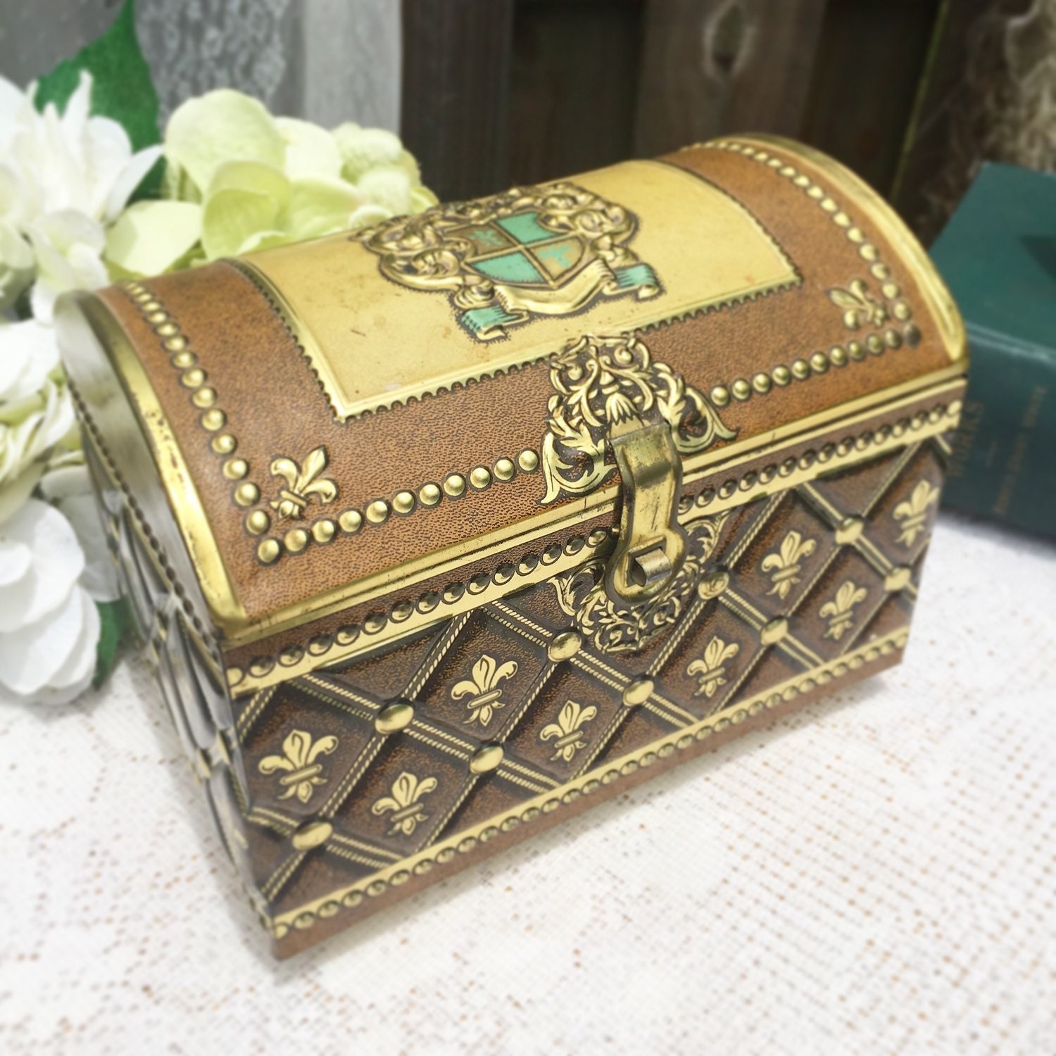 Vintage Decorative Gold Chest tin Box West Germany lock